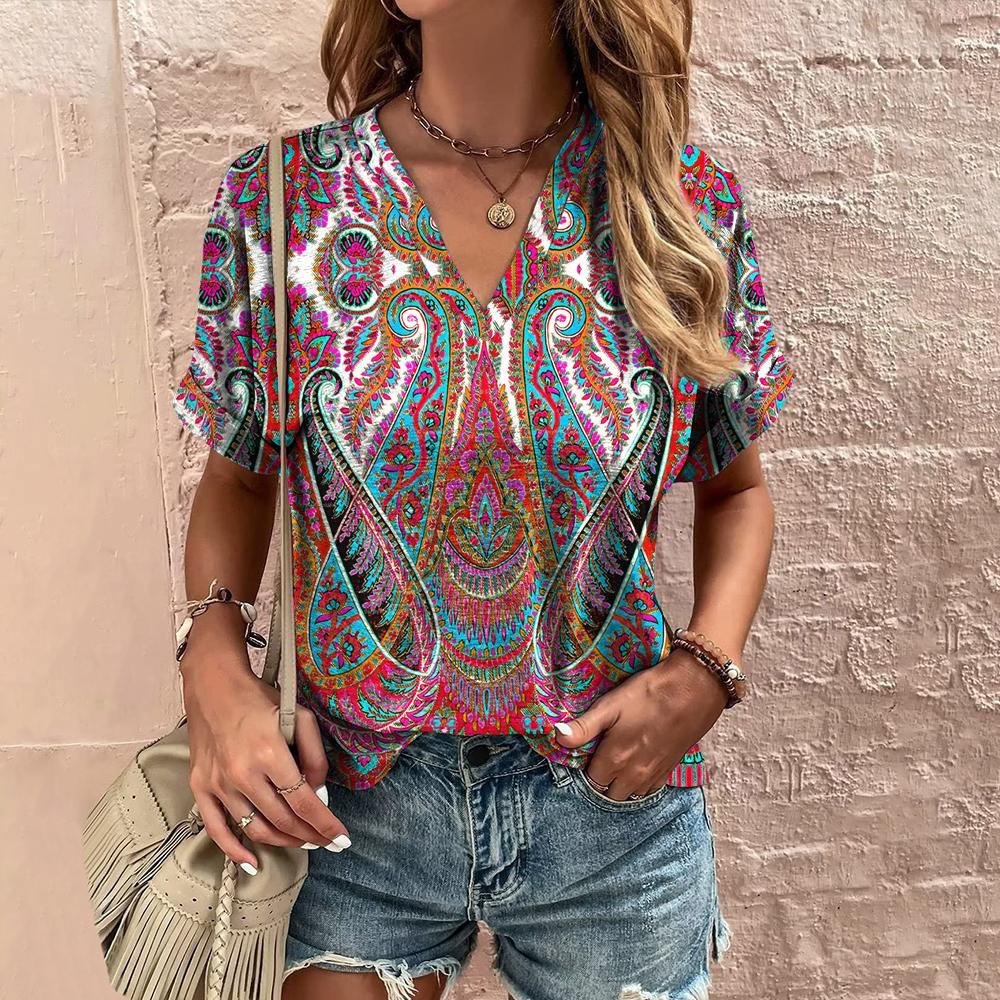 Summer Retro Women's T-Shirt Ethnic Print Short Sleeve Fashion V-Neck Tee Shirt Casual Harajuku T Shirt For Ladies Streetwear