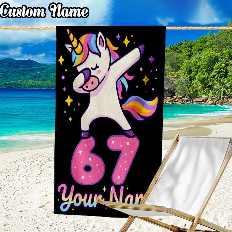 Custom Name Unicorn Number 67 Beach Towel - Soft, Ultra-Absorbent Microfiber, Lightweight, Perfect for Beach, Parties, Travel, Camping