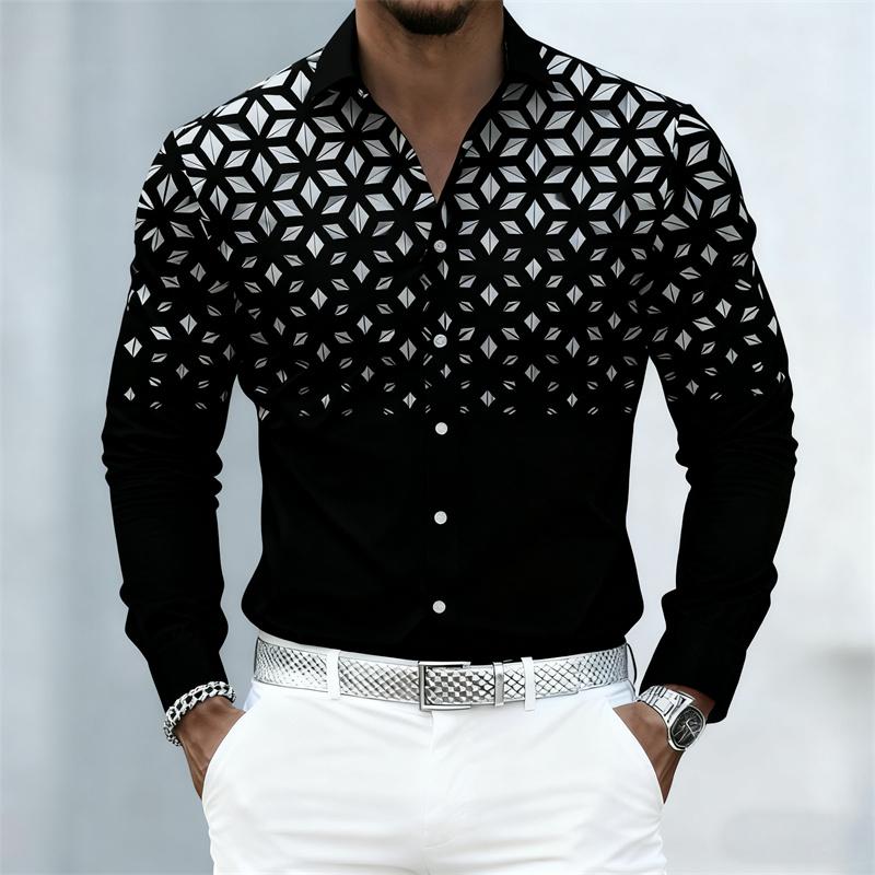 10 Colors of Men's Shirts, Fashionable Geometric Pattern Print Long Sleeve Shirts, Personalized Trendy Slim Lapel Casual Shirts
