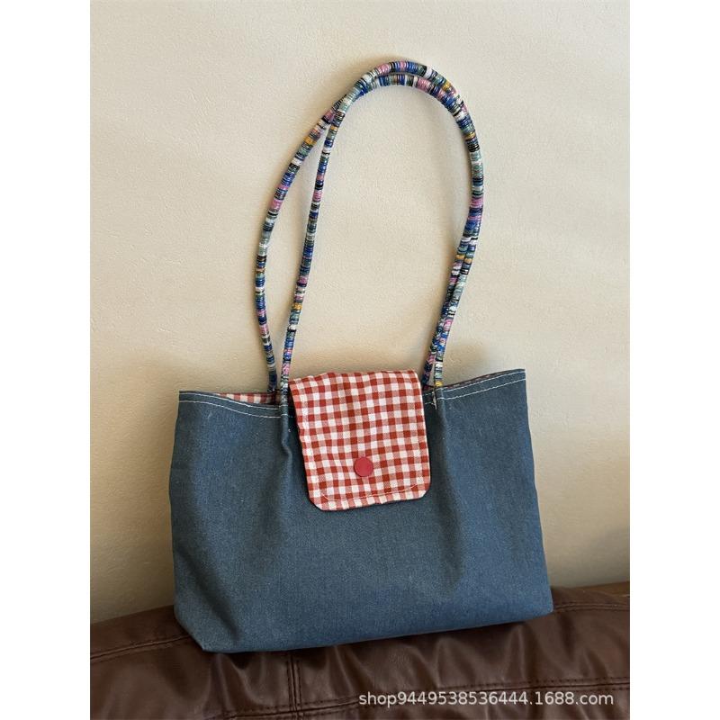 

New large-capacity denim shoulder portable plaid canvas bag versatile commuter retro casual tote bag women