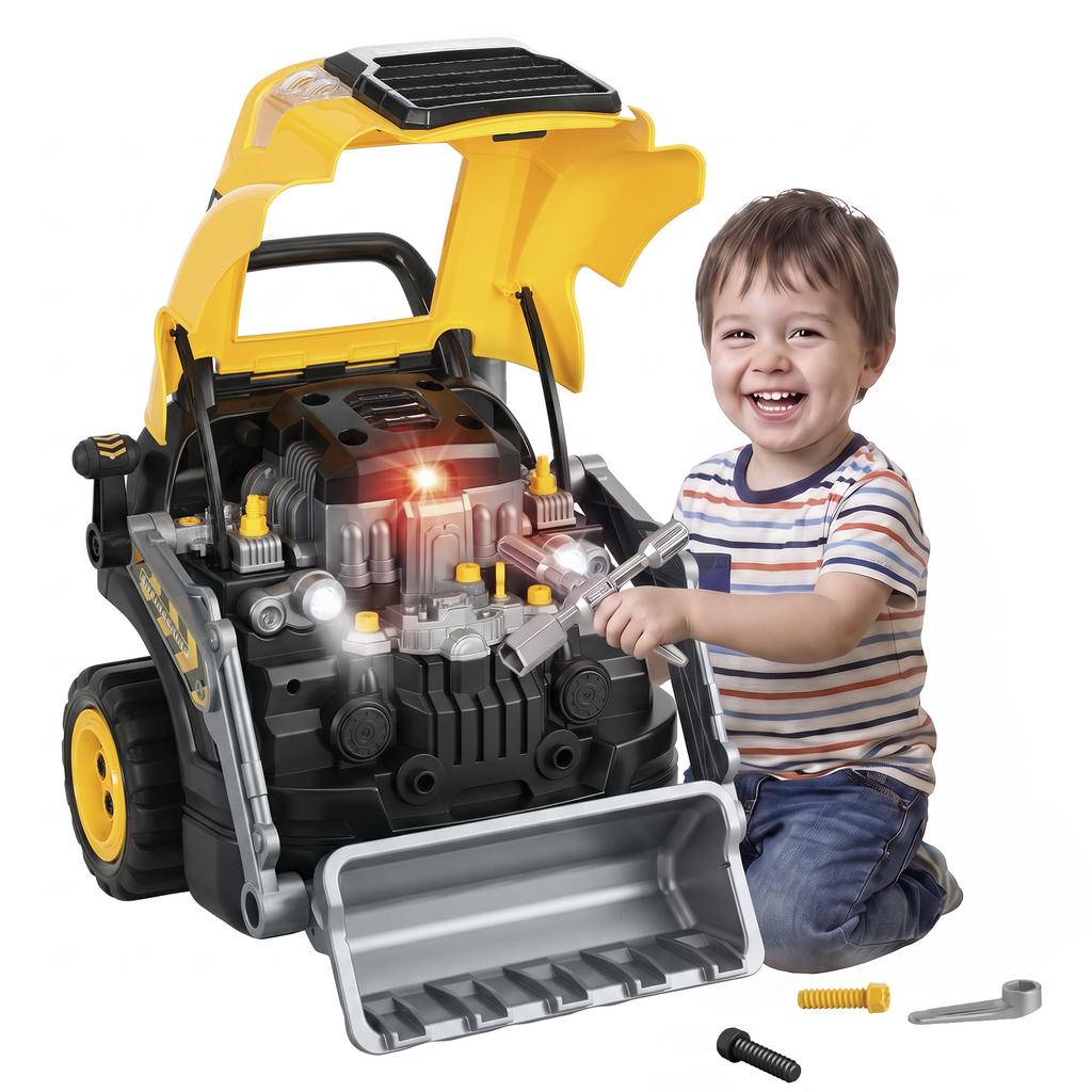 Toy Truck Engine and Excavator, Steering Wheel, Fog Effect, Sound and Light, Ages 3-6, Yellow
