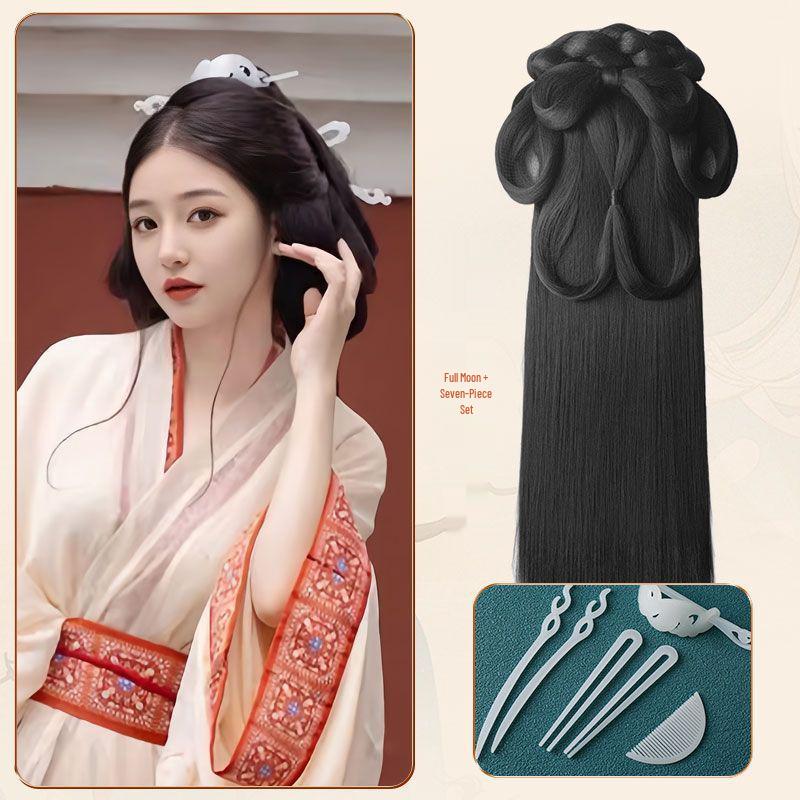 Wei Jin Headdress & Hanfu Costume Wig Set: Includes Warring States Robe, Hair Bun, Ma Mian Skirt, and Hair Accessories.