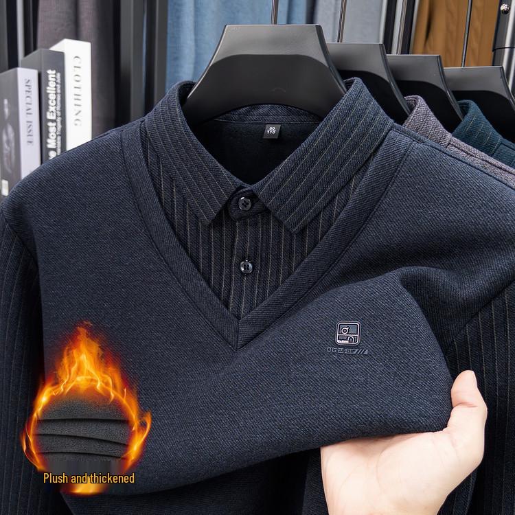 2025 Men's Winter Long Sleeve Lapel Knitwear - Thickened Two-Piece Style, Plus Velvet, Warm Base Layer for Middle-Aged Fathers