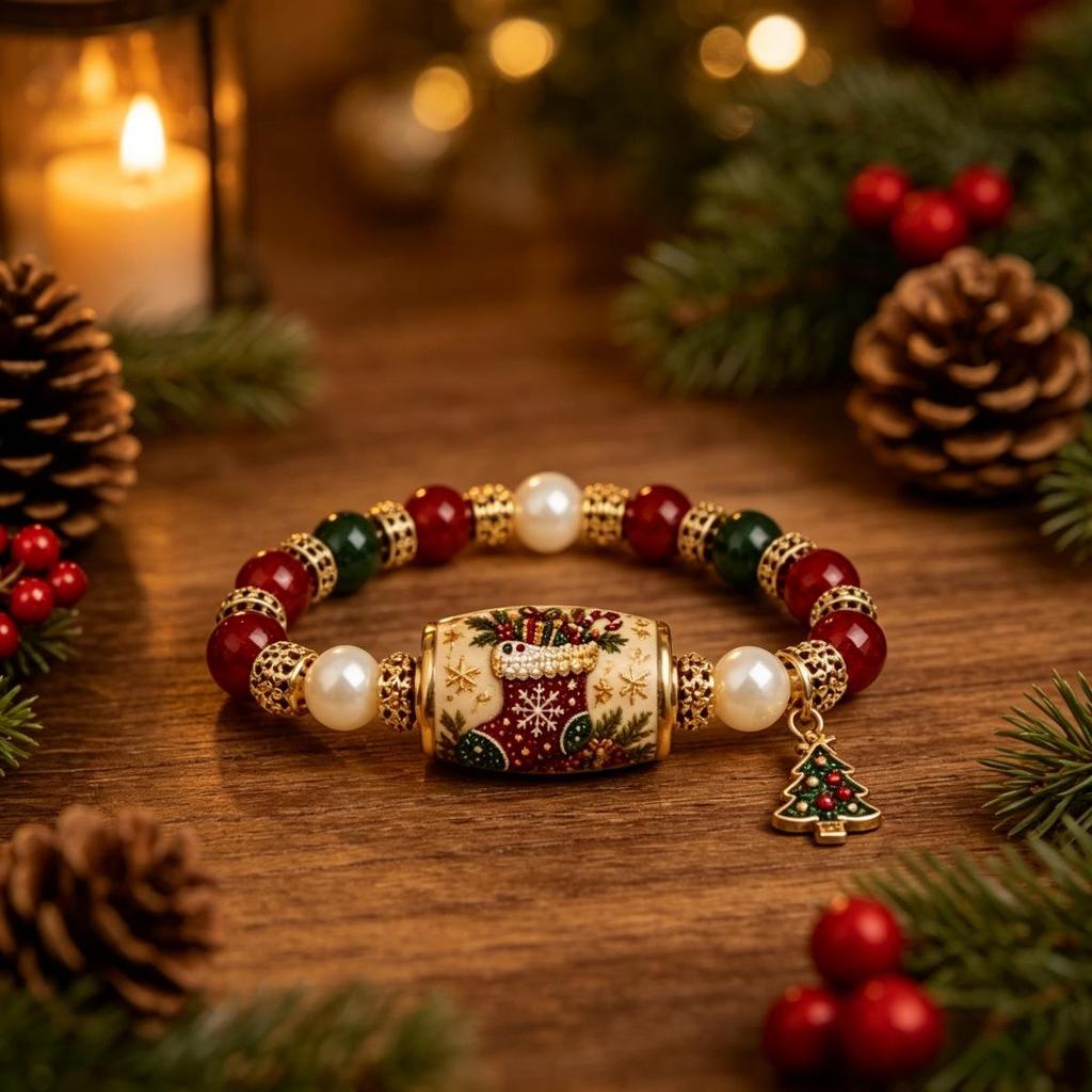 Hand-Painted Christmas Tree Beaded Bracelet - Women's Elastic Holiday Gift