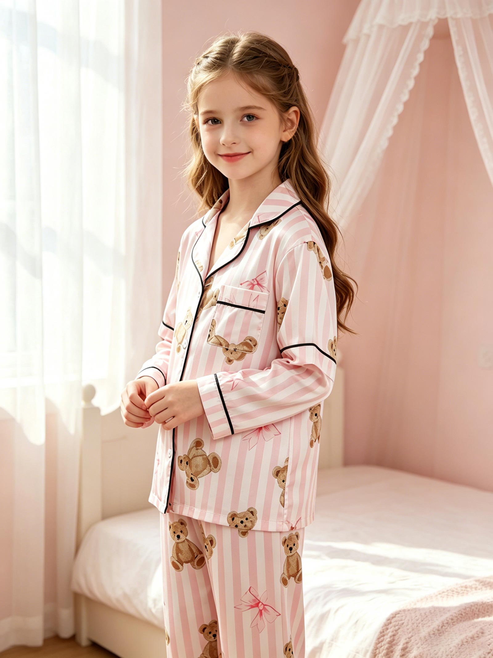 

Girls Pajama Set, Cute Bear Print Short Sleeve Button Down Top & Shorts, Pink Sleepwear Loungewear for Kids 8-13 Years 13Y рожевий