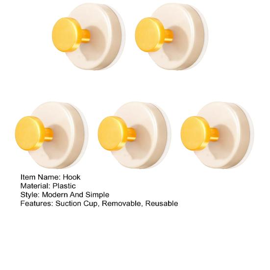 5Pcs Plastic Suction Cup Hooks No Drill Strong Suction Power Detachable Reusable Wall Hangers for Bathroom Kitchen Bedroom Storage Accessories