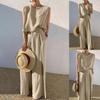Damen Casual Ärmelloser Pullover Baumwolle Leinen Weitbein Hose Einfarbig Anzug