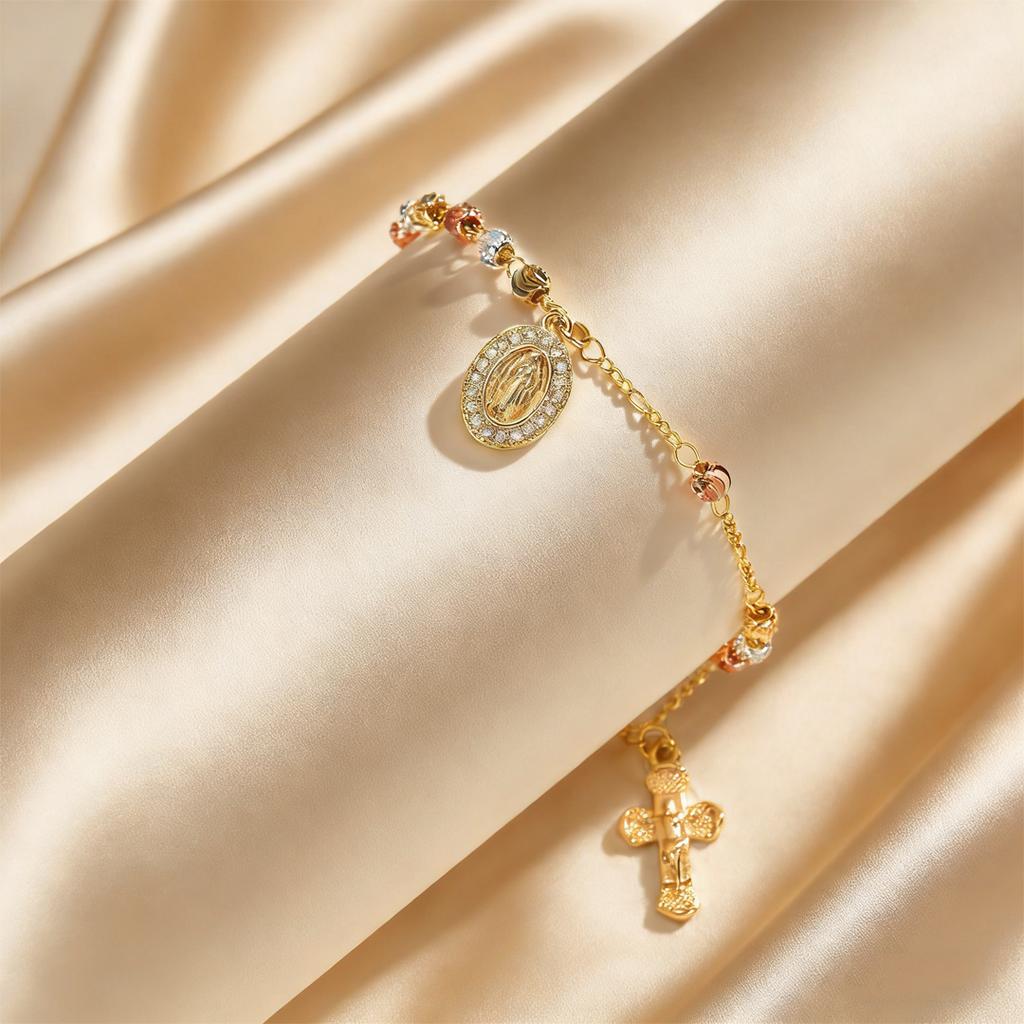 Luxury Retro Virgin Mary Tri-color Bead Cross Bracelet for Women, Adjustable Chain Jesus Pendant Bracelet, Religious Jewelry