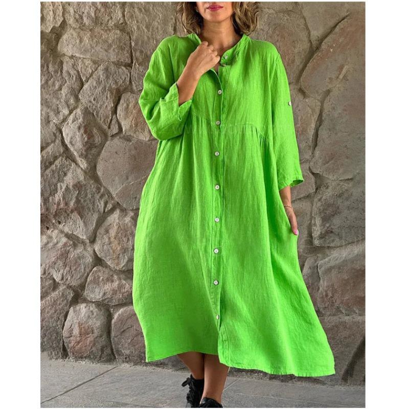 Women's Solid Color Linen Cotton Stand Collar 3/4 Sleeve Single Breasted Loose Casual Midi Long Dress