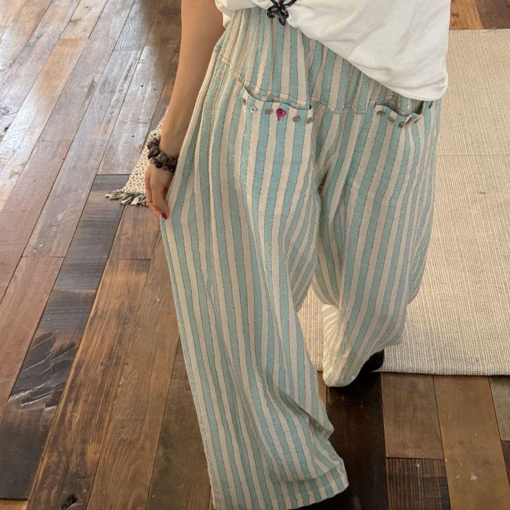High Waist Wide Leg Pants Chic Straight Leg Pants Fashion Casual Stripe Long Pants  Girls