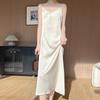Elegant Solid Color Flower Acetate Satin V-Neck Spaghetti Strap Summer Dress for Women