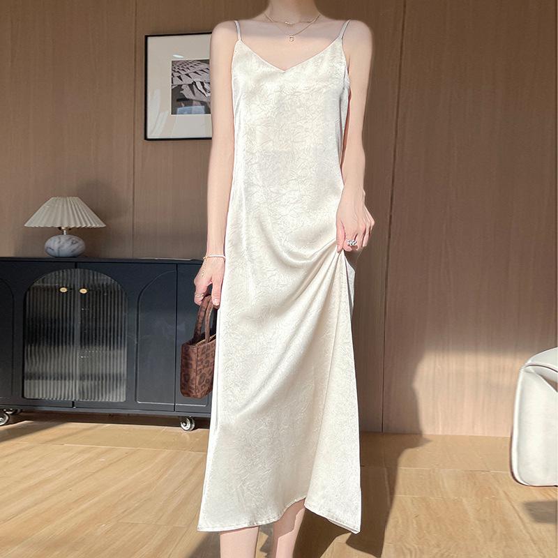 Elegant Solid Color Flower Acetate Satin V-Neck Spaghetti Strap Summer Dress for Women