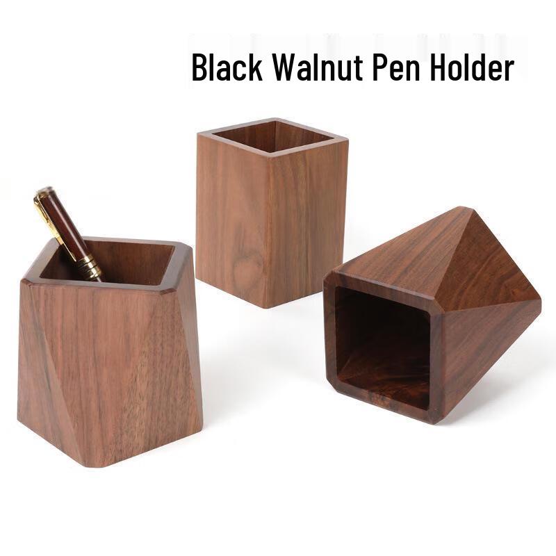 Black Walnut Wooden Square Desk Pen Holder