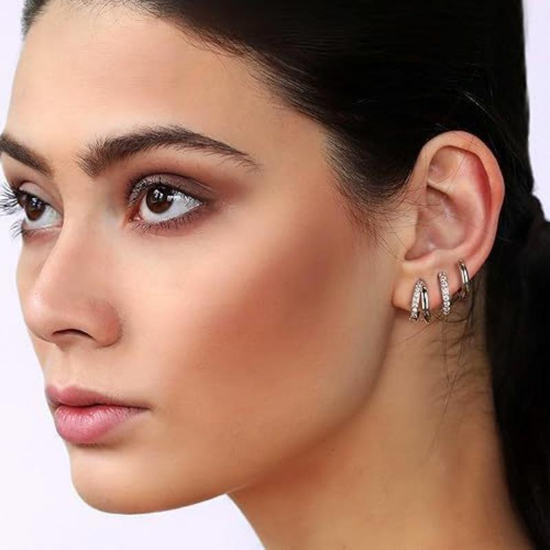 3pcs Fashion 14K Gold Plated Round Earrings for Women Simple Crystal Zircon Double Ring Punk Earring Cartilage Piercing Zircon