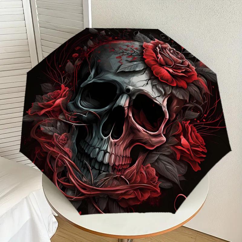 1pc Skull with Red Roses Circular Artwork Umbrella with Plastic Handle,Suitable for All Seasons Home Travel Outdoor UmbrellaDD938