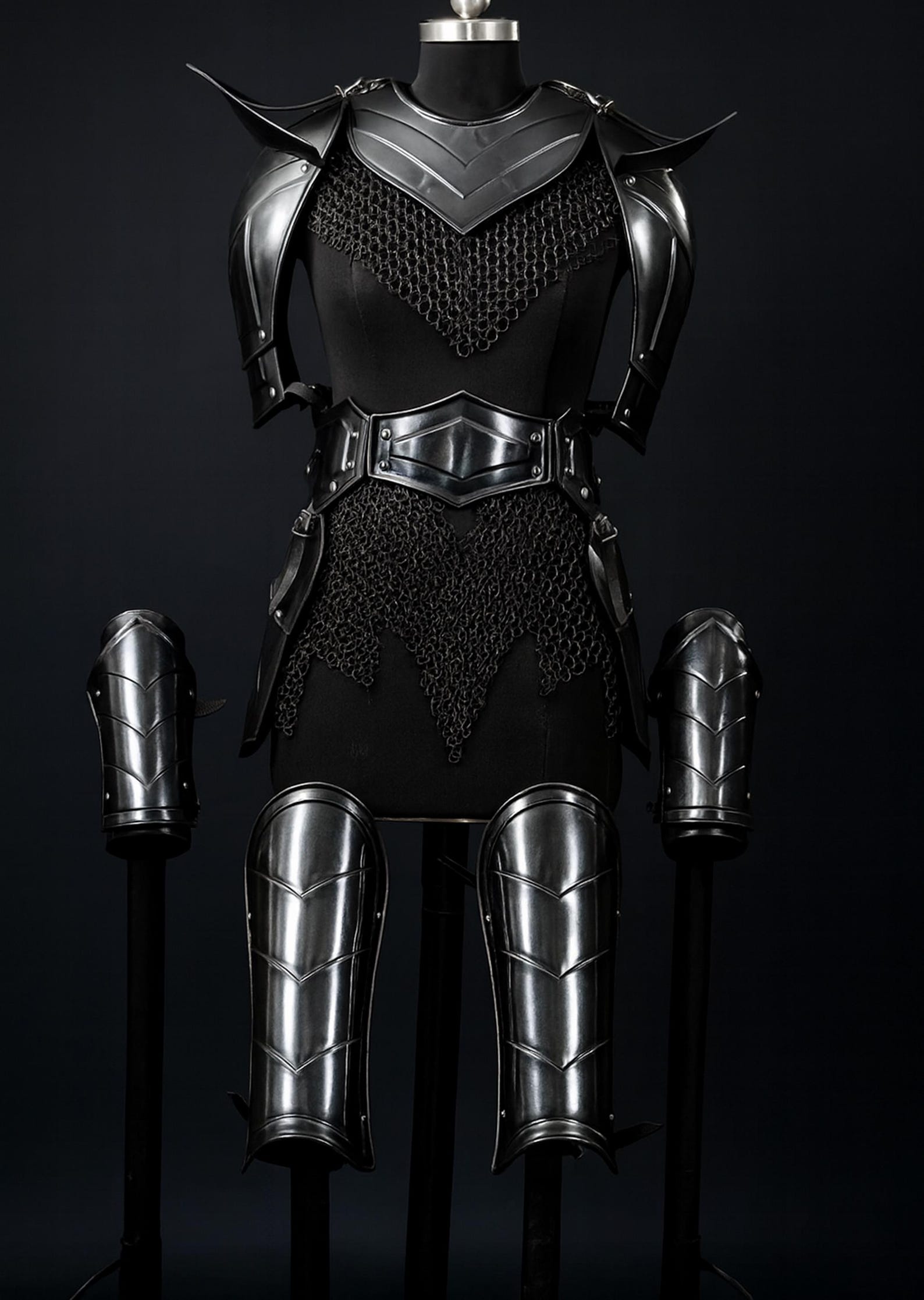 Women s Blackened Medieval Armor Steel Chainmail Knight Costume for LARP Cosplay