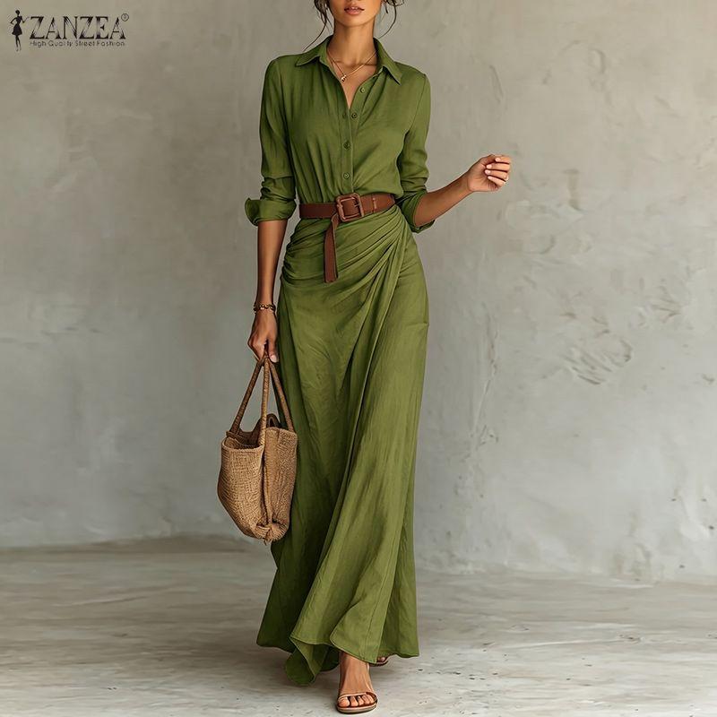 ZANZEA Women Casual Turn Down Collar Solid Color Long Sleeve Loose Long Shirt Dress