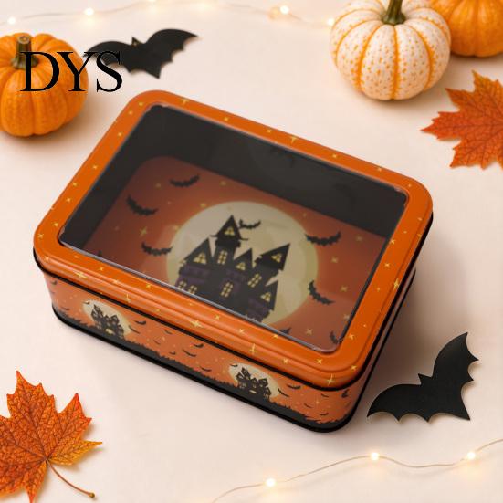 Seasonal Kitchen Storage Halloween Tin Box with Clear Lid, Witch Pumpkin Ghost Candy Window Metal Cases Container for Cookies Snacks, Festive