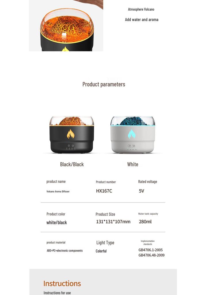 Volcano Aromatherapy Flame Humidifier – 7-Color Night Light with Fine Spray for Home and Bedroom