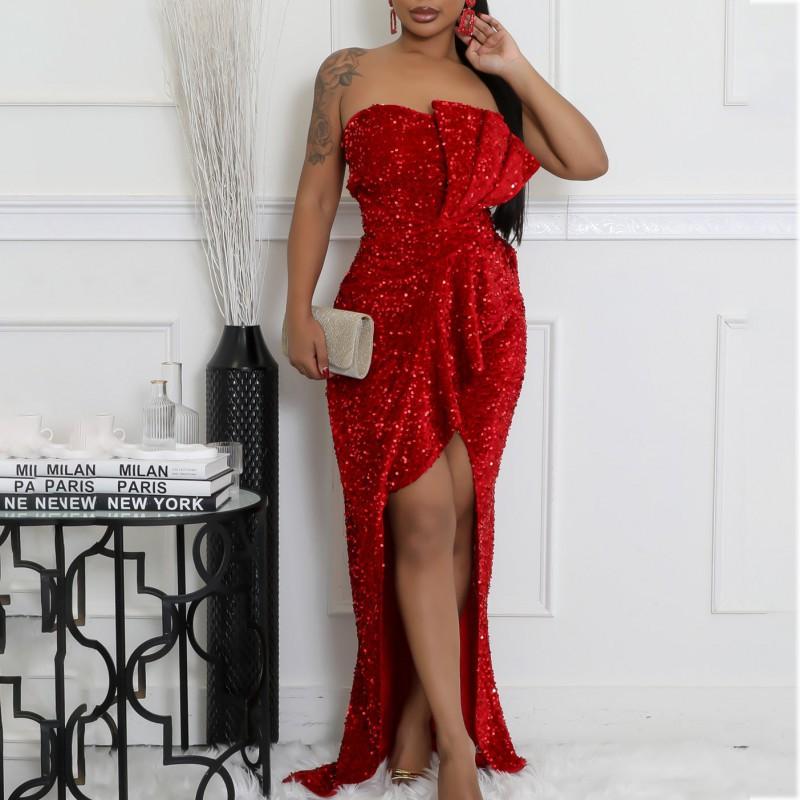 

New European American Temperament Socialite Off-the-shoulder Sexy Slim Long-sleeved Dress Sequined Long XXXL червоний