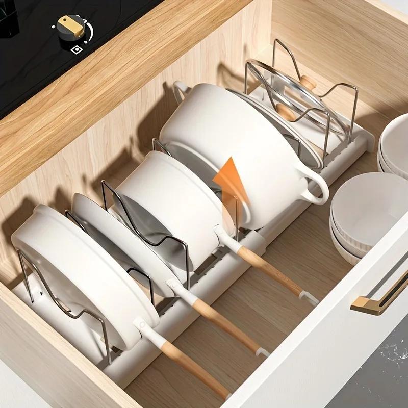 Expandable Dish Rack Pans Organizer Rack Adjustable Compartments Dish Storage Rack Pot Lid Organizer Kitchen Utensils Rack