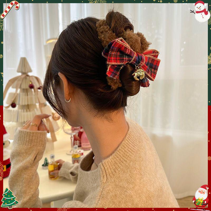 Plaid Bow Plush Hair Clip – Christmas Bells Large Claw Clip for Women