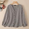 ZANZEA Women Casual V-neck Plaid Print Loose Long Sleeve Blouse