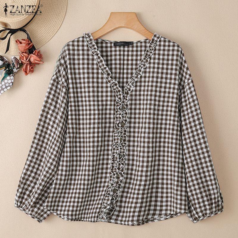 ZANZEA Women Casual V-neck Plaid Print Loose Long Sleeve Blouse
