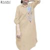ZANZEA Women Casual Turn Down Collar 3/4 Sleeve Loose Embroidered Shirt Dress