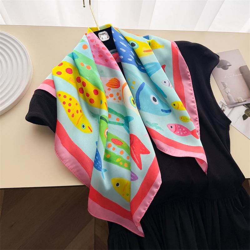 Color small fish simulation silk printing silk scarf small square scarf high-end shawl sunscreen neck scarf headscarf female