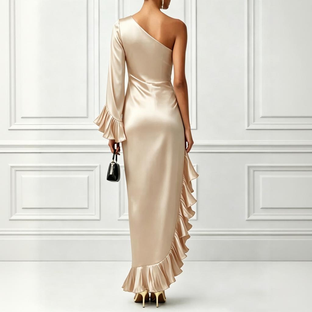 Women's Color Satin Off Shoulder Ruched Irregular Hem Dress for Cocktail Party