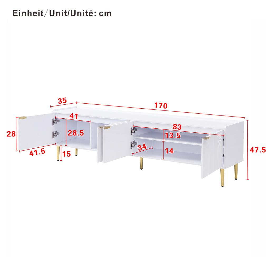 TV Cabinet, Lowboard with Textured Door, TV Furniture, Golden Handles and Golden Feet, 170 L x 35 W x 47.5 H(cm)