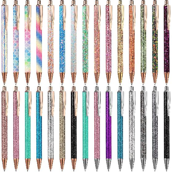 Zonon 30 шт. Блестящие ручки Изящные с блестками Сияющие металлические Выдвижные шариковые ручки Черные чернила Средний стержень 1. Шариковая ручка с нажимным механизмом 0 мм для офисных принадлежностей Женская