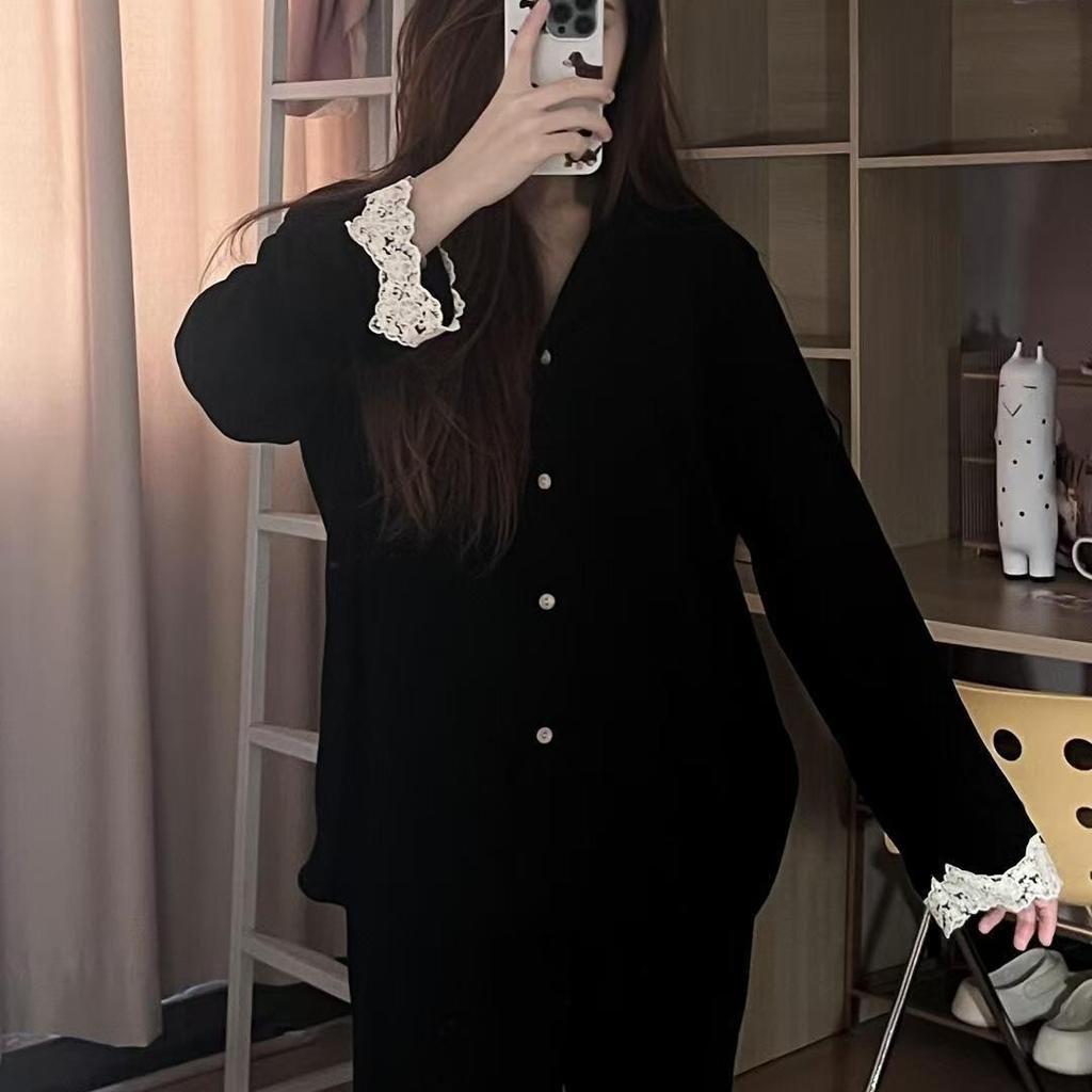 Lace Lace Pajamas Women's Ins Style Spring and Autumn Long-sleeved Trousers Suit Korean Version of Beautiful Girls Can Wear Loungewear Outside