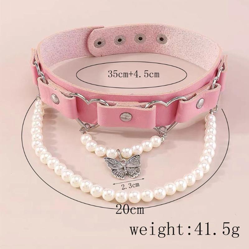 New Fashion, Dopamine Rivet Collarbone Chain, Butterfly Pearl Pendant, Pink PU Leather Women's Neck Necklace.