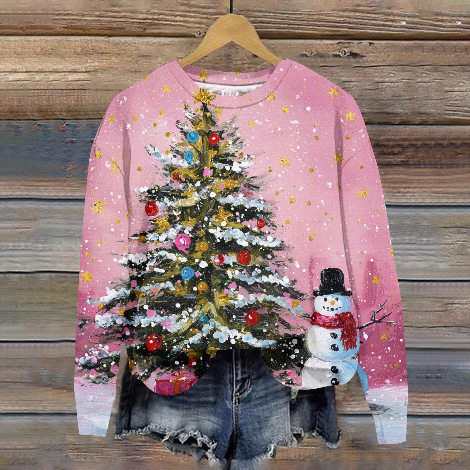 

Женская модная рождественская принтованная толстовка с длинным рукавом и круглым вырезом XL розовый