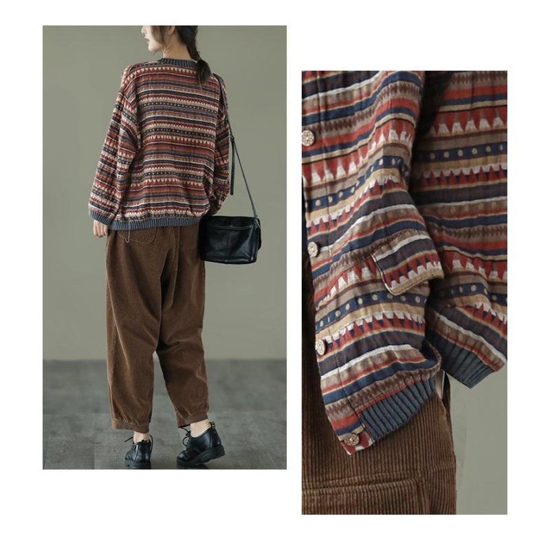 Modischer Herbst Neu Locker Literarisch und Vielseitig Lässiger Bedruckter Cardigan Koreanischer Stil Baumwolle und Leinen Kurze Jacke