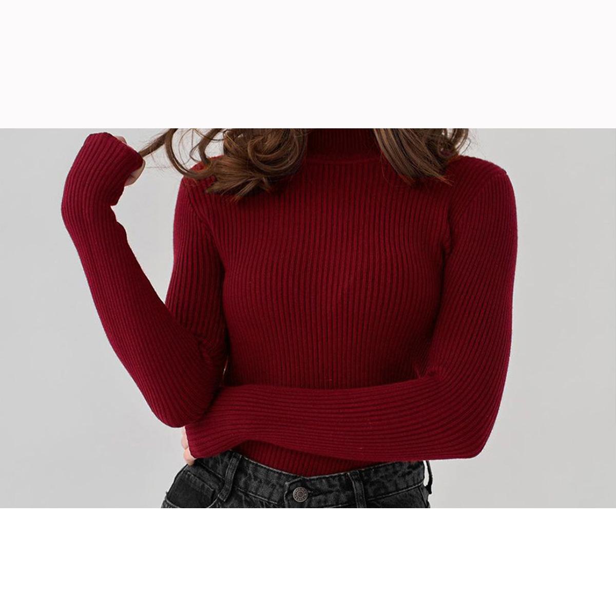 Женские осенние топы Зимние базовые полуводолазки Вязаные нижние теплые свитера Женские пуловеры Однотонные модные облегающие деловые женские топы One size вино красного