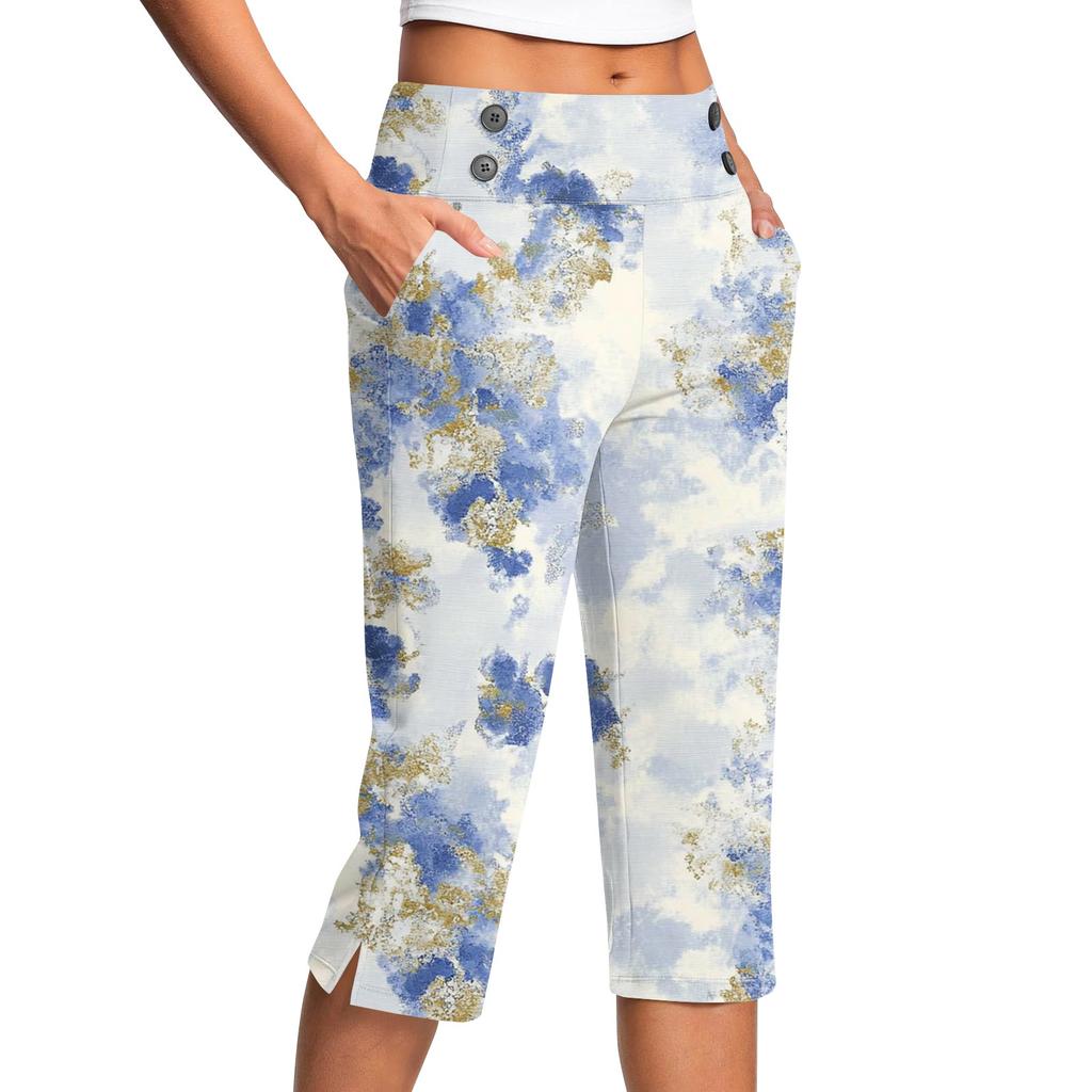Damen Vintage Floral Print Knopf Tasche Hose Schlitz Hohe Taille Sport Yoga Freizeit Hose