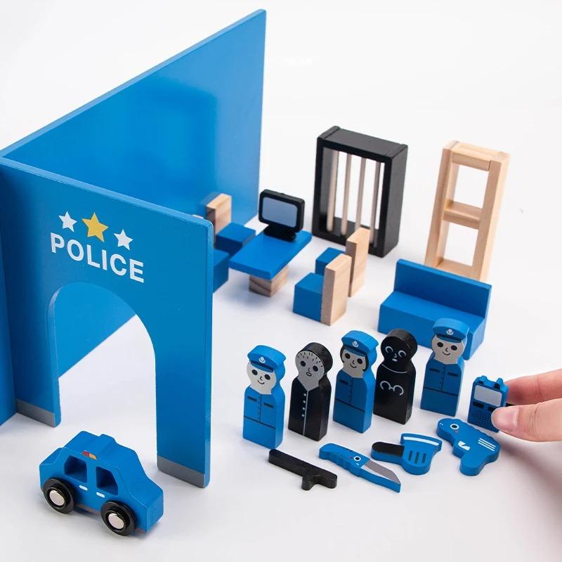 Montessori Wooden Toys Children Fire Station Police Station Simulation Toy Pretend Play Tools Construction Toy Motor Skills Kids