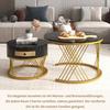 End Table 2 In 1 Round Coffee Made of MDF Side with A Marble Tabletop and Plastic Rattan Sofa Drawers Solid Wood Handles Gold-Colored Iron Legs. 70