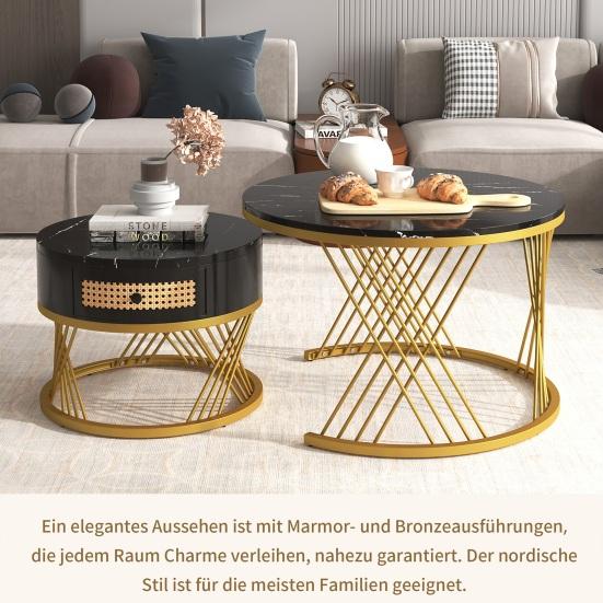 End Table 2 In 1 Round Coffee Made of MDF Side with A Marble Tabletop and Plastic Rattan Sofa Drawers Solid Wood Handles Gold-Colored Iron Legs. 70