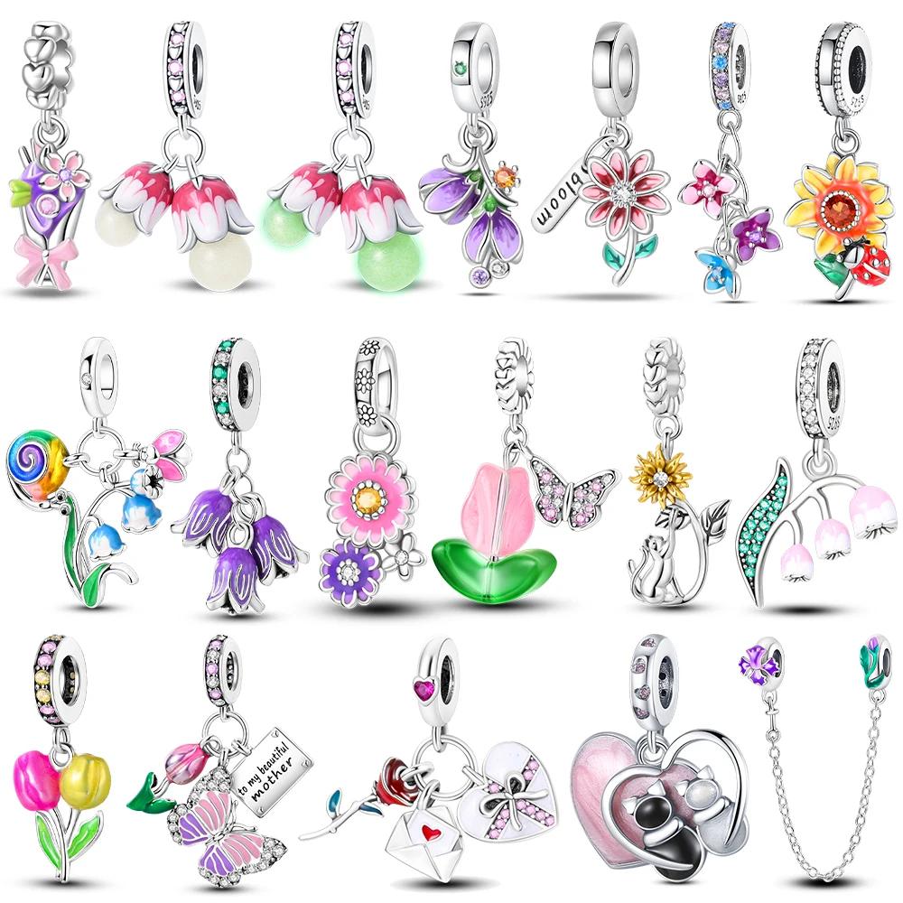 Bouquet Romantic Flower Language Theme Charms S Copper Beads Fit Pan Original Bracelets Diy Gifts Fine Jewelry