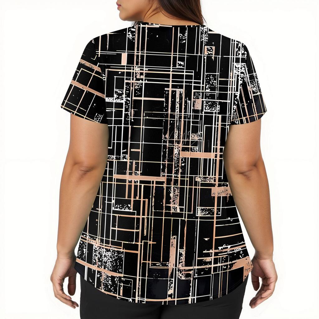 Damesmode werkkleding met V-hals, korte mouwen en bedrukte zakken