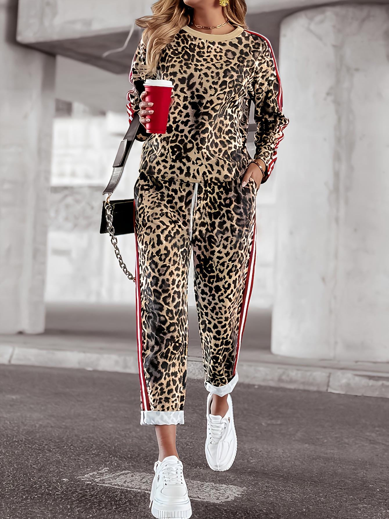 

Autumn 2025 Leopard Print Women s Casual Two-Piece Set: Long Sleeve Top & Pants, Euro-American Style Small цветочные печати