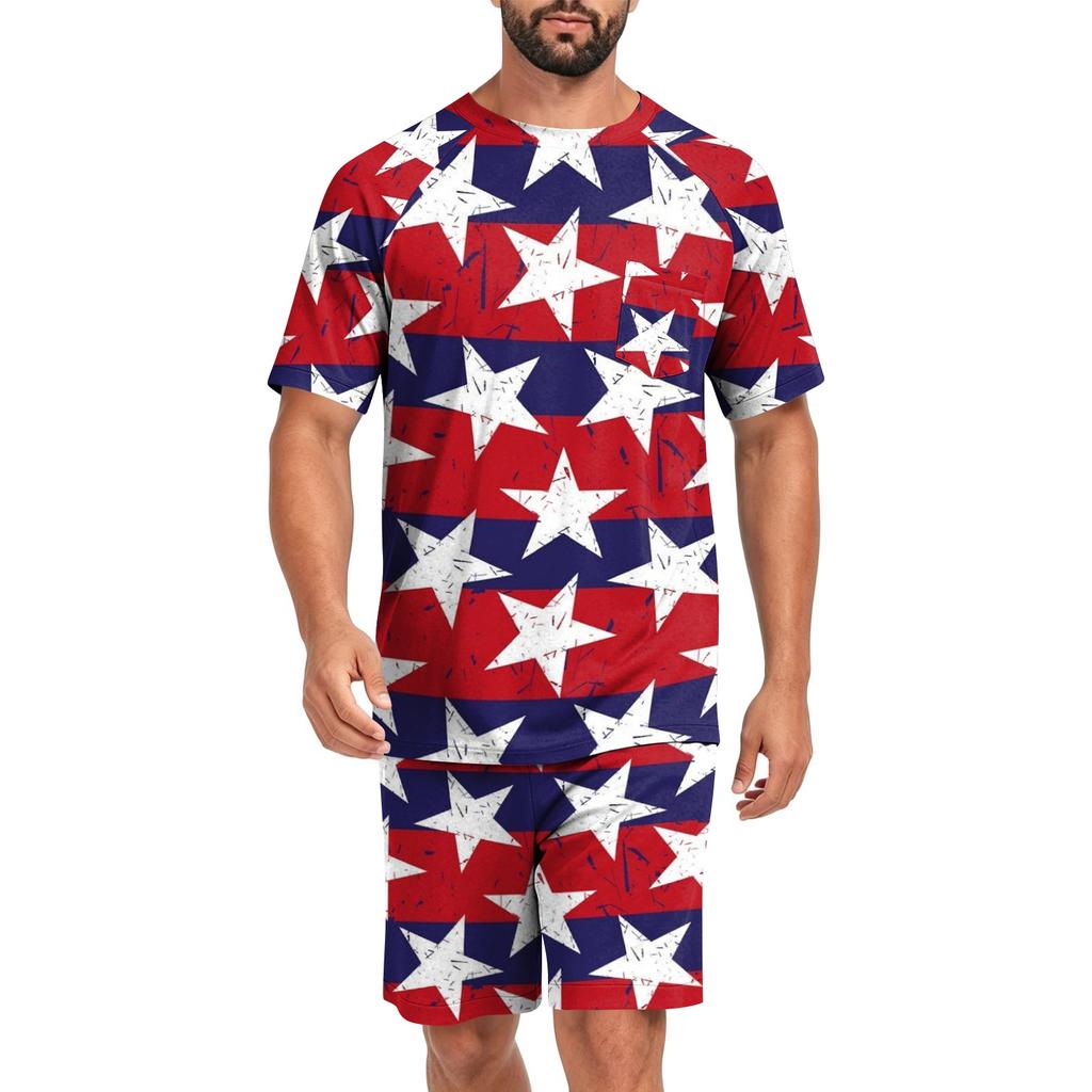Conjunto de Pijama de Manga Corta para Hombre Ligero Transpirable Ropa de Dormir Top y Pantalones Cortos Cómodo Atuendo de Verano para Estar en Casa