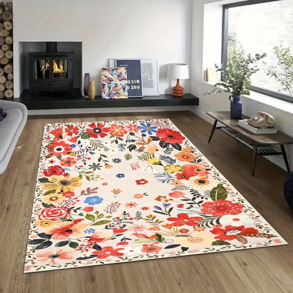 Floral Print Area Rug, Garden Inspired Carpet for Living Room, Non-Slip Washable Floor Mat Entryway Kitchen Boho Home Decor
