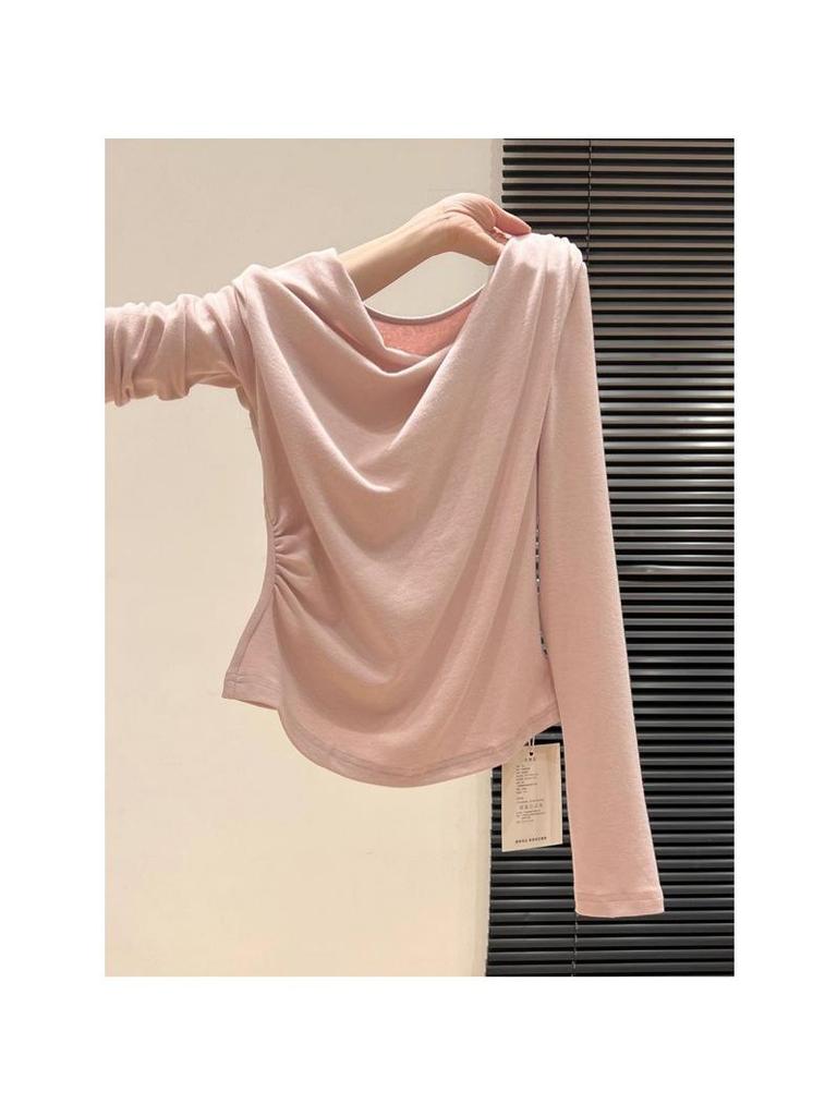 Women's Pink Asymmetrical Off-Shoulder Long-Sleeve T-Shirt - 2025 Autumn Slim-Fit