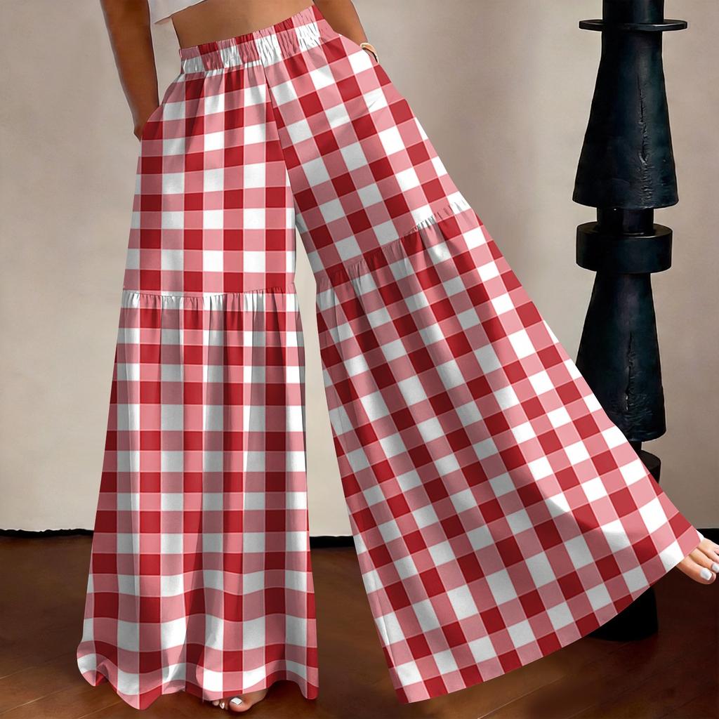Women's High Waist Wide Leg Pants Loose Fit Lightweight Plaid Print Casual Trousers with Elastic Waistband Comfortable Fit