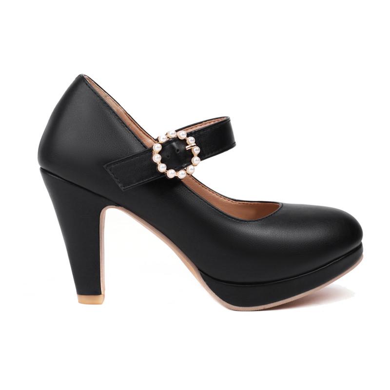 Enkeltsko med høye hæler for kvinner vår og høst nye enkel vanntett plattform tykk hæl grunt munn stor størrelse fire årstider sko